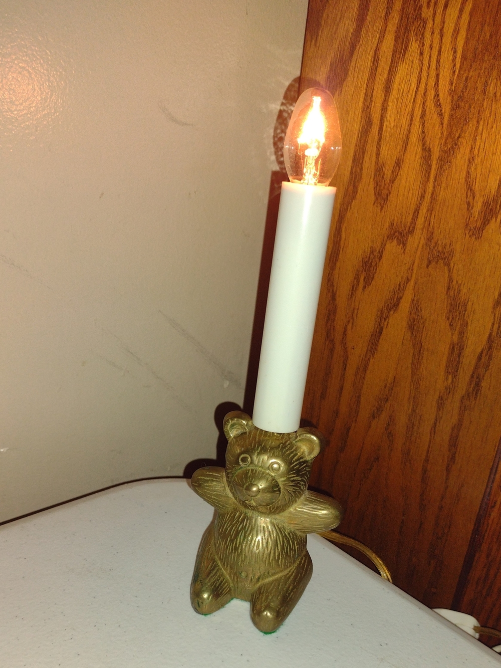 VTG 80s Kitschy Brass Teddy Bear Candle Lamp - Home Accents